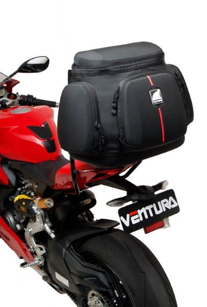 Image of the Ventura EVO-12 Bike-Pack Kit for Ducati 1199 Panigale (12-14), including the EVO-12 pack, Evo-Rack on a motorcycle, and black L-bracket with screws and hardware.