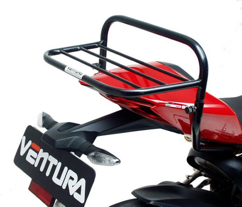 Image of the Ventura EVO-12 Bike-Pack Kit for Ducati 1199 Panigale (12-14), including the EVO-12 pack, Evo-Rack on a motorcycle, and black L-bracket with screws and hardware.