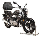 The Ventura EVO-12 Bike-Pack Kit for Suzuki GW 250 Inazuma (13-16) includes a black EVO-12 pack, an Evo-Rack mounted on a motorcycle, and an L-bracket with screws; all components are clearly labeled for easy assembly.