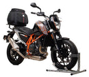 Image showcases the Ventura Kit for KTM 690 Duke (12-16): a sleek black EVO-12 pack with an orange stripe, an EVO-Rack, and a versatile L-Bracket complete with screws.