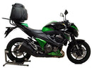 The image of the Ventura EVO-12 Bike-Pack Kit for Kawasaki Z 800 (2013) shows three parts: a sleek black EVO-12 pack with zipper, an Evo-Rack mounted on a bike, and an L-Bracket with screws, forming a versatile system enhanced by the Adjustable Pack-Rack.