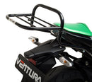 The image of the Ventura EVO-12 Bike-Pack Kit for Kawasaki Z 800 (2013) shows three parts: a sleek black EVO-12 pack with zipper, an Evo-Rack mounted on a bike, and an L-Bracket with screws, forming a versatile system enhanced by the Adjustable Pack-Rack.