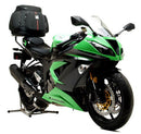 Introducing Ventura's EVO-12 Bike-Pack Kit for the Kawasaki ZX-6R 636 (13-15), featuring a sleek 'EVO-12 Pack,' an 'EVO-Rack' rear rack, and an 'L-Bracket' with screws. All essentials are depicted in a high-quality image, perfect for your biking needs.