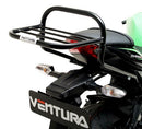 Introducing Ventura's EVO-12 Bike-Pack Kit for the Kawasaki ZX-6R 636 (13-15), featuring a sleek 'EVO-12 Pack,' an 'EVO-Rack' rear rack, and an 'L-Bracket' with screws. All essentials are depicted in a high-quality image, perfect for your biking needs.