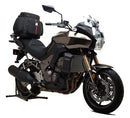 Image depicting the Ventura Kawasaki 1000 Versys (13-14) EVO-12 Bike-Pack Kit: a black pack with an orange accent labeled 'Evo-12 Pack' at top left, Evo-Rack attached to a bike at top right, and a complete L-bracket with screws below for easy assembly.