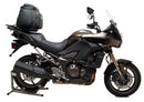 Image depicting the Ventura Kawasaki 1000 Versys (13-14) EVO-12 Bike-Pack Kit: a black pack with an orange accent labeled 'Evo-12 Pack' at top left, Evo-Rack attached to a bike at top right, and a complete L-bracket with screws below for easy assembly.