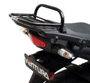 Image depicting the Ventura Kawasaki 1000 Versys (13-14) EVO-12 Bike-Pack Kit: a black pack with an orange accent labeled 'Evo-12 Pack' at top left, Evo-Rack attached to a bike at top right, and a complete L-bracket with screws below for easy assembly.