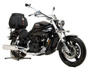 The image displays a sleek black bike pack with red details, labeled 'EVO-12 Pack,' on the Hyosung GV 650N EFI Aquila Pro (13-14) by Ventura. It includes an 'Adjustable Pack-Rack' for versatility and L-bracket components seen in the 'L-Bracket Generic Image.'.