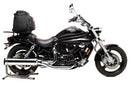 The image displays a sleek black bike pack with red details, labeled 'EVO-12 Pack,' on the Hyosung GV 650N EFI Aquila Pro (13-14) by Ventura. It includes an 'Adjustable Pack-Rack' for versatility and L-bracket components seen in the 'L-Bracket Generic Image.'.
