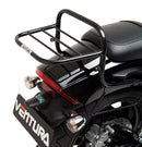 The image displays a sleek black bike pack with red details, labeled 'EVO-12 Pack,' on the Hyosung GV 650N EFI Aquila Pro (13-14) by Ventura. It includes an 'Adjustable Pack-Rack' for versatility and L-bracket components seen in the 'L-Bracket Generic Image.'.