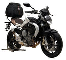 The MV Agusta 800 Brutale (13-16) EVO-12 Bike-Pack Kit by Ventura includes a stylish black pack with an orange-striped zippered pocket, the versatile Evo-Rack and L-Bracket, plus separate mounting hardware for easy setup. Ideal for all your adventure needs!.