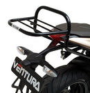 The MV Agusta 800 Brutale (13-16) EVO-12 Bike-Pack Kit by Ventura includes a stylish black pack with an orange-striped zippered pocket, the versatile Evo-Rack and L-Bracket, plus separate mounting hardware for easy setup. Ideal for all your adventure needs!.