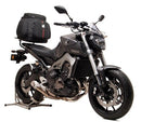 Ventura EVO-12 Bike-Pack Kit for Yamaha MT-09 850 (14-16), includes black EVO-12 pack, metal Top-Box Rack, and black L-Bracket with screws. All parts are clearly labeled for easy identification.