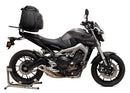 Ventura EVO-12 Bike-Pack Kit for Yamaha MT-09 850 (14-16), includes black EVO-12 pack, metal Top-Box Rack, and black L-Bracket with screws. All parts are clearly labeled for easy identification.