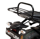 Ventura EVO-12 Bike-Pack Kit for Yamaha MT-09 850 (14-16), includes black EVO-12 pack, metal Top-Box Rack, and black L-Bracket with screws. All parts are clearly labeled for easy identification.