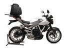Image of a bike-pack kit titled "Hyosung EX-IV 250 X4, X4R (14-17)" by Ventura, featuring a black pack with red trim in the top left, an Evo-Rack on a bike in the top right, and an L-bracket set with screws at the bottom.