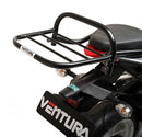 Image of a bike-pack kit titled "Hyosung EX-IV 250 X4, X4R (14-17)" by Ventura, featuring a black pack with red trim in the top left, an Evo-Rack on a bike in the top right, and an L-bracket set with screws at the bottom.
