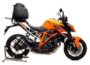 Image of an EVO-12 Bike-Pack Kit including an EVO-12 Pack, Evo-Rack, and L-Bracket with screws. The black and orange bag complements the sturdy black metal frame of the adjustable Top-Box Rack. Product Name: KTM 1290 SuperDuke R (14-19). Brand: Ventura.