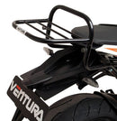 Image of an EVO-12 Bike-Pack Kit including an EVO-12 Pack, Evo-Rack, and L-Bracket with screws. The black and orange bag complements the sturdy black metal frame of the adjustable Top-Box Rack. Product Name: KTM 1290 SuperDuke R (14-19). Brand: Ventura.
