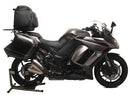 The image shows a sleek black Ventura EVO-12 Bike-Pack with logo and orange stripe. To the right, an Adjustable Pack-Rack is mounted on a Kawasaki Z 1000 SX (fits with factory panniers) (14 ->). Below, an L-Bracket with screws is labeled "Generic Image.