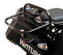 The image shows a sleek black Ventura EVO-12 Bike-Pack with logo and orange stripe. To the right, an Adjustable Pack-Rack is mounted on a Kawasaki Z 1000 SX (fits with factory panniers) (14 ->). Below, an L-Bracket with screws is labeled "Generic Image.