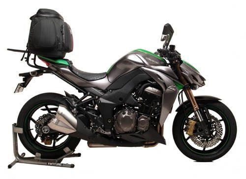 The image features the Ventura EVO-12 Bike-Pack Kit for the Kawasaki Z 1000 ABS/Ninja (14 ->) with a black and orange EVO-12 bag. It highlights the mounted Evo-Rack and accompanying L-Bracket with screws, showcasing seamless integration for your biking adventures.
