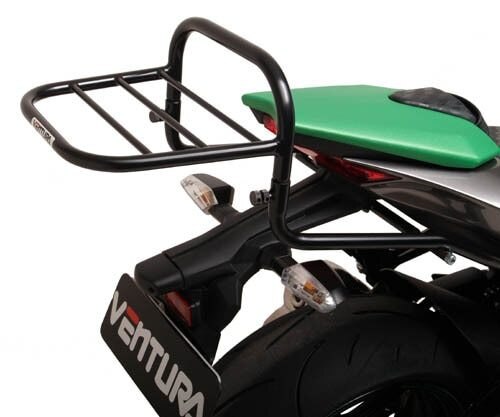 The image features the Ventura EVO-12 Bike-Pack Kit for the Kawasaki Z 1000 ABS/Ninja (14 ->) with a black and orange EVO-12 bag. It highlights the mounted Evo-Rack and accompanying L-Bracket with screws, showcasing seamless integration for your biking adventures.