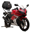 Image shows a Ventura EVO-12 Bike-Pack Kit for Yamaha YZF R150 (13-14), including an EVO-12 black zippered bag, an adjustable black rear pack-rack, and a generic image of a black L-bracket with mounting hardware.