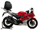 Image shows a Ventura EVO-12 Bike-Pack Kit for Yamaha YZF R150 (13-14), including an EVO-12 black zippered bag, an adjustable black rear pack-rack, and a generic image of a black L-bracket with mounting hardware.
