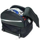 A black Ventura Imola motorcycle helmet bag features a partially open zipper, revealing a helmet adorned with blue, white, and red designs and the brand logo. The bag includes silver reflective strips and a brand tag.
