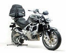 Ventura’s EVO-12 Bike-Pack Kit for Aprilia Mana 850 GT (09-15) includes a black EVO-12 pack, black Adjustable Pack-Rack, and L-Bracket with mounting hardware, each labeled and shown separately on a white background.