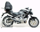 Ventura’s EVO-12 Bike-Pack Kit for Aprilia Mana 850 GT (09-15) includes a black EVO-12 pack, black Adjustable Pack-Rack, and L-Bracket with mounting hardware, each labeled and shown separately on a white background.