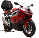 Image showing the Ventura EVO-12 Bike-Pack Kit for BMW S 1000 RR (10-18), featuring a black EVO-12 pack, an EVO-Rack on the motorcycle, and a labeled L-Bracket with bolts—compatible with Sport-Rack and Adjustable Pack-Rack systems.