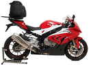 Image showing the Ventura EVO-12 Bike-Pack Kit for BMW S 1000 RR (10-18), featuring a black EVO-12 pack, an EVO-Rack on the motorcycle, and a labeled L-Bracket with bolts—compatible with Sport-Rack and Adjustable Pack-Rack systems.