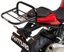 Image showing the Ventura EVO-12 Bike-Pack Kit for BMW S 1000 RR (10-18), featuring a black EVO-12 pack, an EVO-Rack on the motorcycle, and a labeled L-Bracket with bolts—compatible with Sport-Rack and Adjustable Pack-Rack systems.