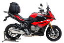 The image showcases a Ventura BMW S 1000 XR (15-18) Bike-Pack Kit. It features a sleek black pack with a logo, complemented by an adjustable rack designed for Honda bikes and includes a versatile L-bracket with screws for easy attachment.