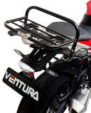 The image showcases a Ventura BMW S 1000 XR (15-18) Bike-Pack Kit. It features a sleek black pack with a logo, complemented by an adjustable rack designed for Honda bikes and includes a versatile L-bracket with screws for easy attachment.
