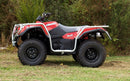 A Ventura Suzuki ATV LT-F 400F King Quad (08->), featuring four wheels, black tires, silver bull-bars, and protective bars, is parked on grass among green bushes and trees.