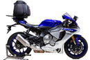 Ventura Yamaha YZF R1 (15 - >) Bike-Pack Kit includes an EVO-12 pack, Evo-Rack or Sport-Rack mounted on the bike, and a labeled L-bracket with screws shown as a generic image. Each component is clearly identified by name.