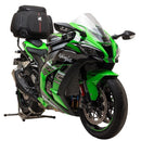 Image showcasing the Ventura EVO-12 Bike-Pack Kit with an adjustable EVO-Rack fitted on a Kawasaki ZX-10R 1000's rear. Features include a black pack with an orange stripe and an image of an L-Bracket with screws for mounting.