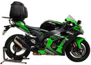 Image showcasing the Ventura EVO-12 Bike-Pack Kit with an adjustable EVO-Rack fitted on a Kawasaki ZX-10R 1000's rear. Features include a black pack with an orange stripe and an image of an L-Bracket with screws for mounting.