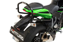 Image showcasing the Ventura EVO-12 Bike-Pack Kit with an adjustable EVO-Rack fitted on a Kawasaki ZX-10R 1000's rear. Features include a black pack with an orange stripe and an image of an L-Bracket with screws for mounting.
