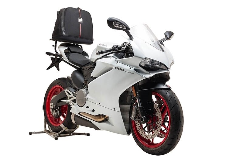 The Ventura EVO-12 Bike-Pack Kit for Ducati 1299 Panigale (2016) includes a soft EVO-12 pack, metal Evo-Rack, L-Bracket with screws, and Adjustable Pack-Rack. Image shown is generic.