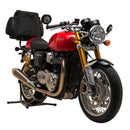 The Ventura Triumph Thruxton 1200 (16 - >) Bike-Pack Kit includes an EVO-12 pack, Evo-Rack for motorcycles, and an L-bracket with screws—all featuring our adjustable Pack-Rack and labels for easy identification.