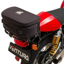 The Ventura Triumph Thruxton 1200 (16 - >) Bike-Pack Kit includes an EVO-12 pack, Evo-Rack for motorcycles, and an L-bracket with screws—all featuring our adjustable Pack-Rack and labels for easy identification.