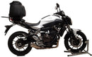 The Ventura EVO-12 Bike-Pack Kit for the Yamaha FZ-07 700 (14-17) includes a black EVO-12 pack, an Evo-Rack for your motorcycle, and L-brackets with screws, showing how the rack secures your pack for safe storage.