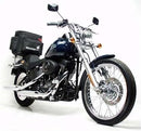 Collage image of Ventura EVO-12 Bike-Pack Kit for Harley Davidson FXSTS/FXSTSI 1450 Springer Softail (01-05) displaying three components. Top left: black bike pack with orange stripe. Top right: EVO-RACK adjustable bike rack. Bottom: L-BRACKET labeled black bracket with screws.