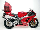 Image featuring a Kawasaki ZX-6RR 636 with the versatile Ventura EVO-12 Bike-Pack Kit, showcasing the sleek EVO-Rack on a motorcycle to the right. The EVO-12 Pack is on the left, and an L-Bracket with screws is at the bottom, labeled as generic components.