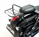 The Ventura Triumph Thunderbird 1700 Storm (Chrome) (11-15) Bike-Pack Kit includes a sleek pack, Evo-Rack, and L-Bracket with screws—ideal for quick installation and secure on-the-go storage for your motorcycle.