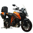 The Ventura Bike-Pack Kit for the KTM 1290 SuperDuke GT (16 ->) includes a sleek "EVO-12 Pack" in black with orange accents, an "Adjustable Pack-Rack," and a versatile L-bracket set with screws, along with a showcased bike rack labeled "EVO-RACK.